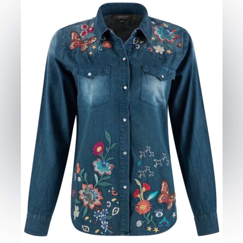 NWOT - Johnny Was Embroidered Denim Shirt